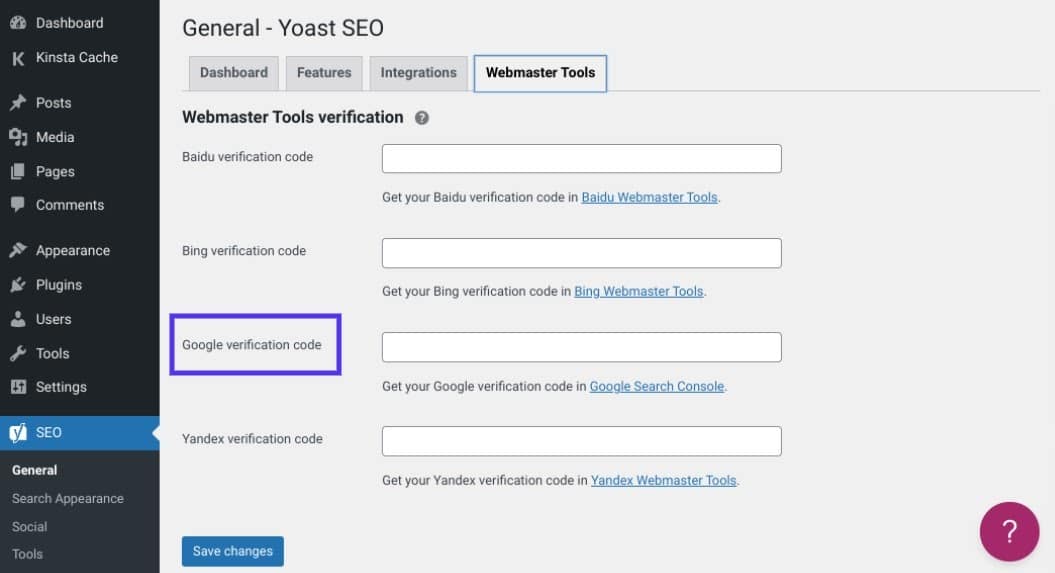 Google site verification in Yoast SEO in WordPress with a highlight box around the 