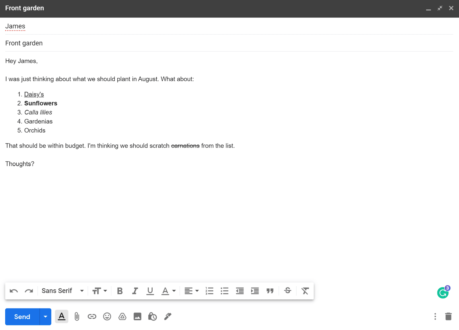 An example of different text formats in Gmail Um exemplo de diferentes formatos de texto no Gmail.