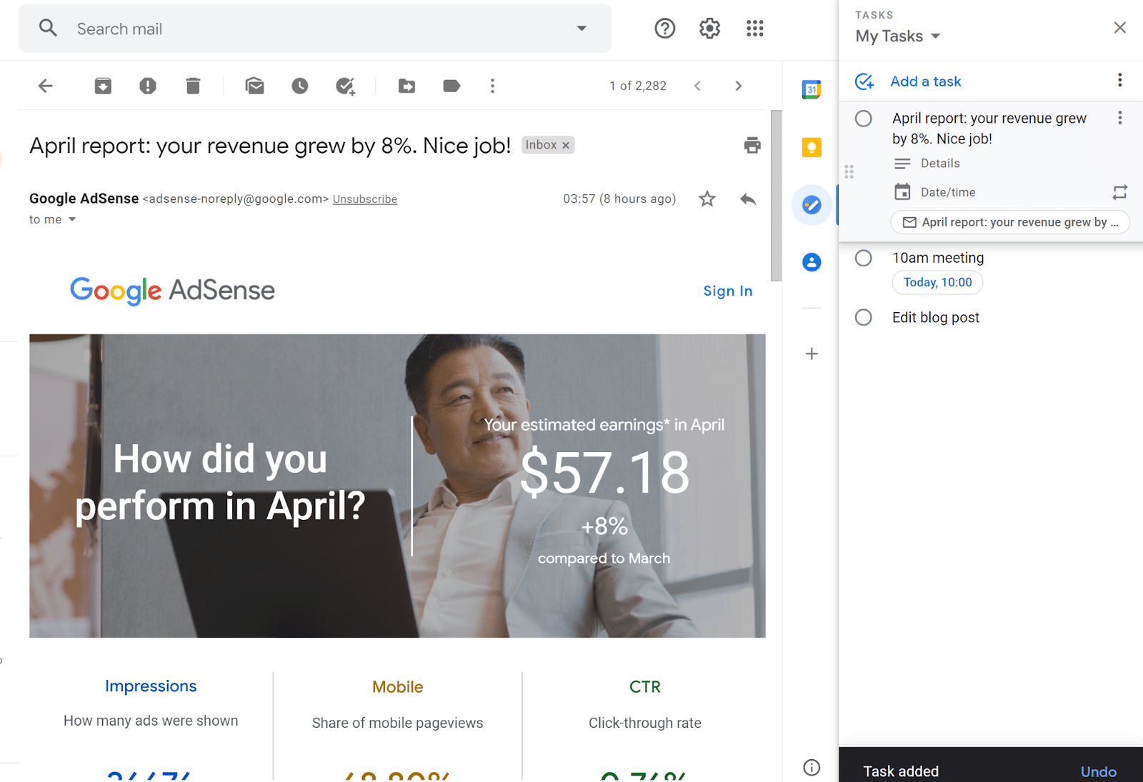 An example of adding an email to Google Tasks in Gmail Um exemplo de como adicionar um e-mail ao Google Tasks no Gmail.