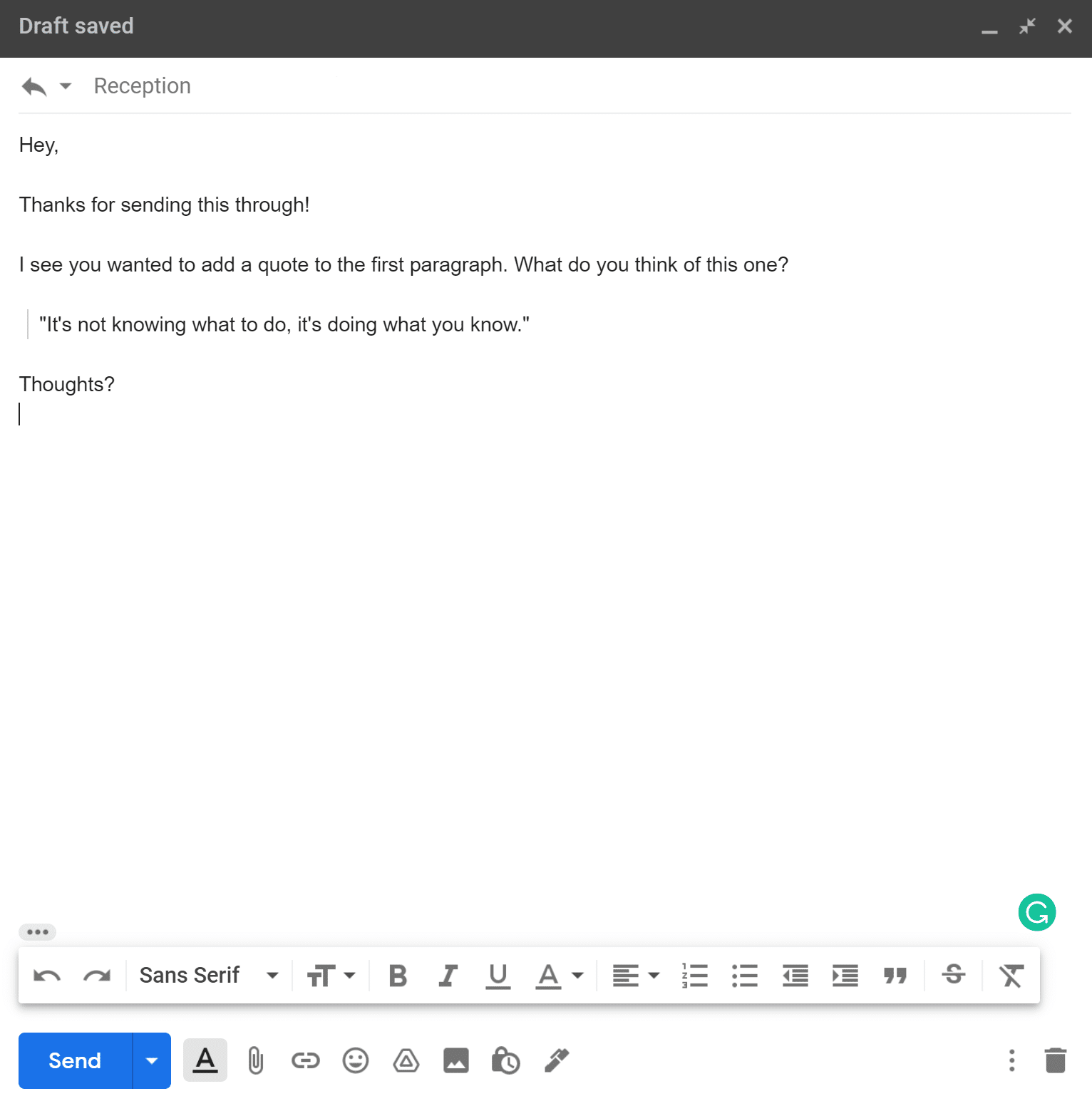 An example of quote text formatting in Gmail Um exemplo de formatação de texto de citação no Gmail.