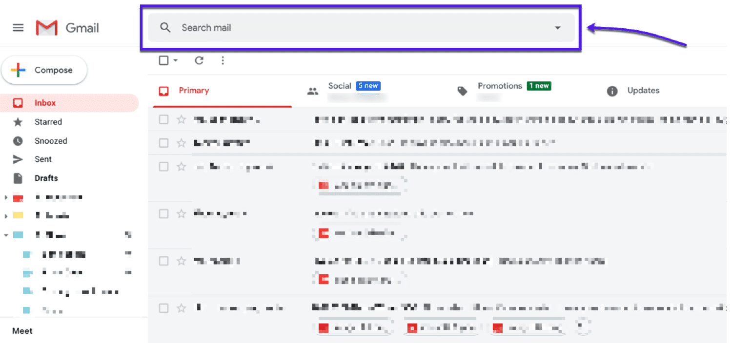 Where to find the search bar in Gmail A barra de busca no Gmail.