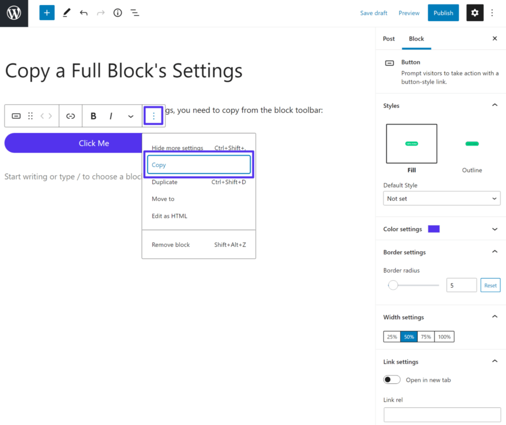 Como copiar um bloco com todas as suas configurações.