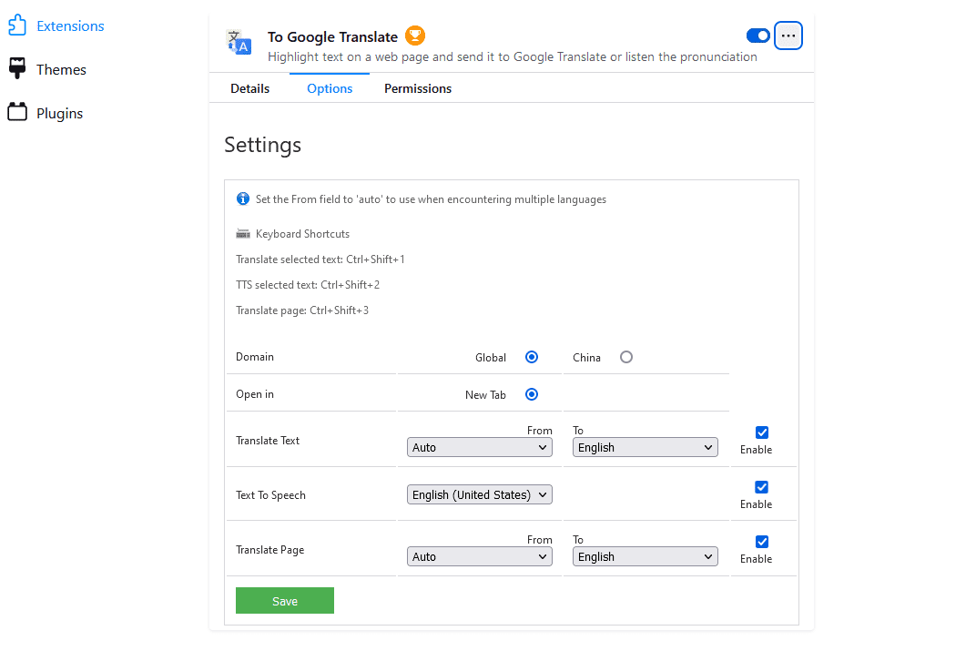 Réglages pour Google Translate.