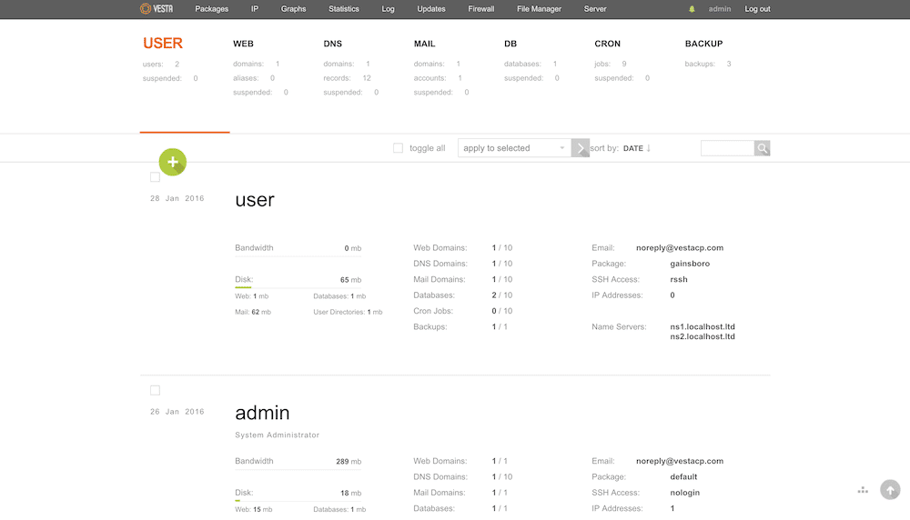 L'interface de VestaCP.