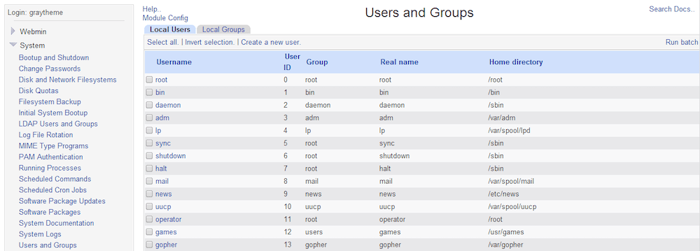 L'interface de Webmin.
