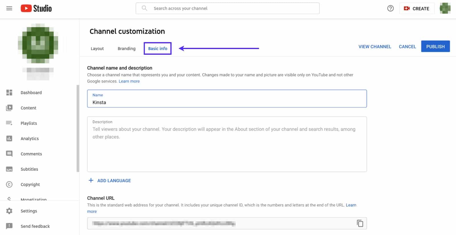 YouTube's channel customization view with an arrow pointing to the Basic Info tab