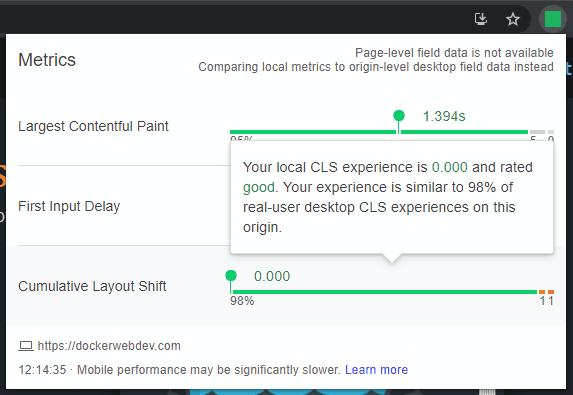 Web Vitals extensão CLS.