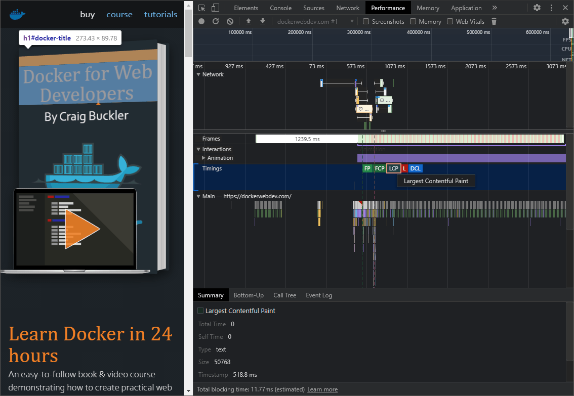 Indicador LCP do painel de desempenho DevTools.