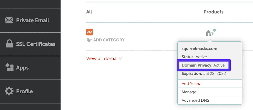 L'affichage au survol de Namecheap