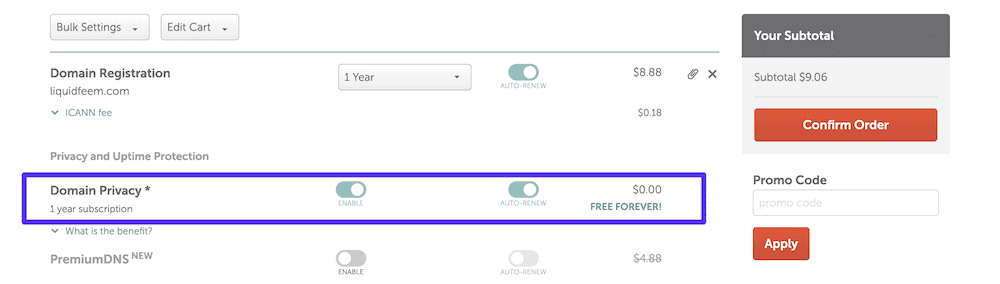 L'écran de paiement de Namecheap