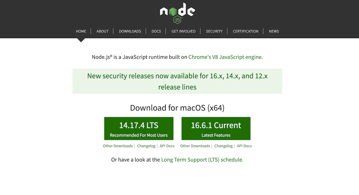 La page d'accueil du site web de Node.js.
