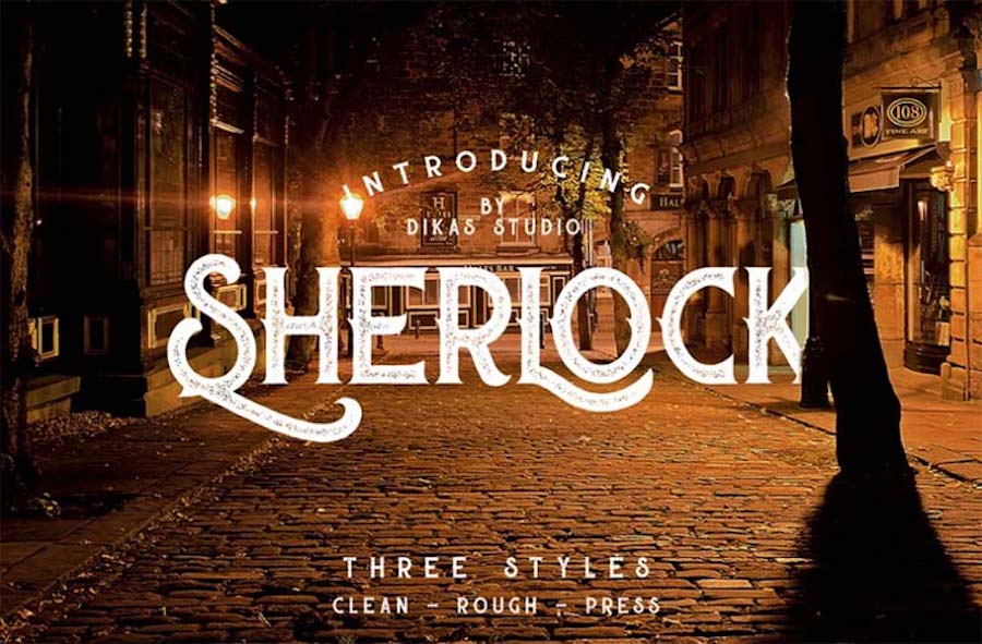 Sherlock Press, eine Schriftart mit drei Stilen.