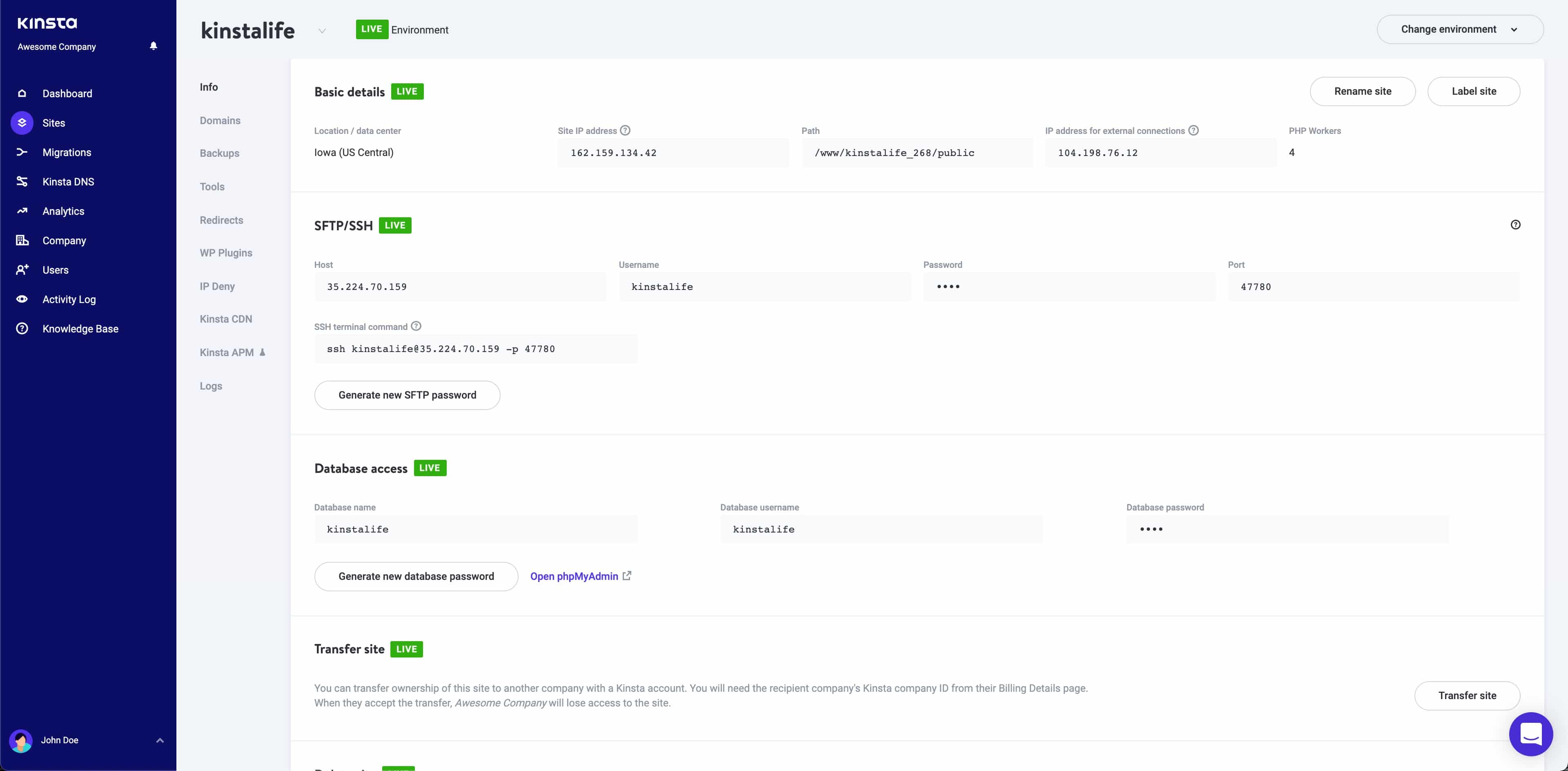 La schermata Siti di MyKinsta