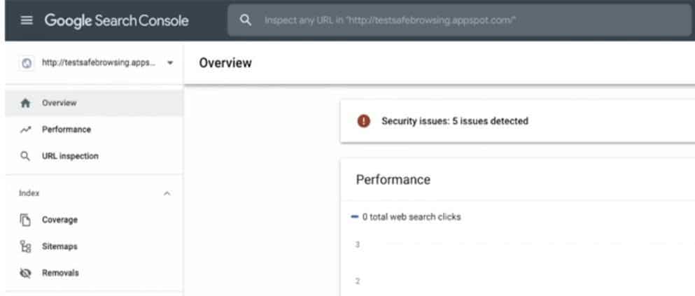 Google Search Console mostrando los problemas de seguridad detectados.