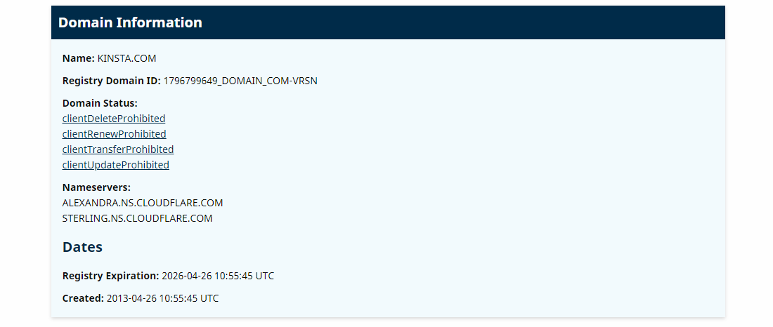 Informations sur le domaine Kinsta.com grâce à l'outil de recherche ICANN