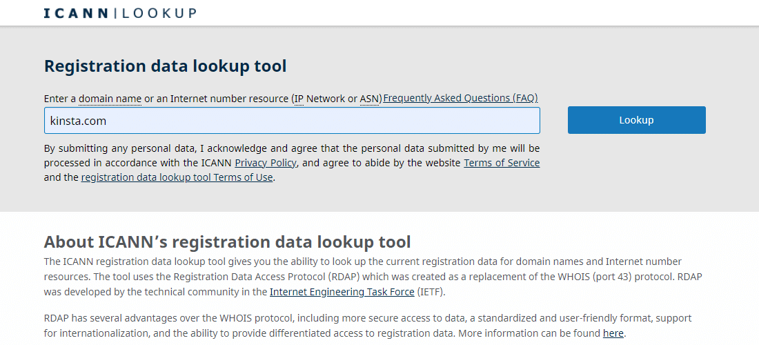 La page de recherche ICANN