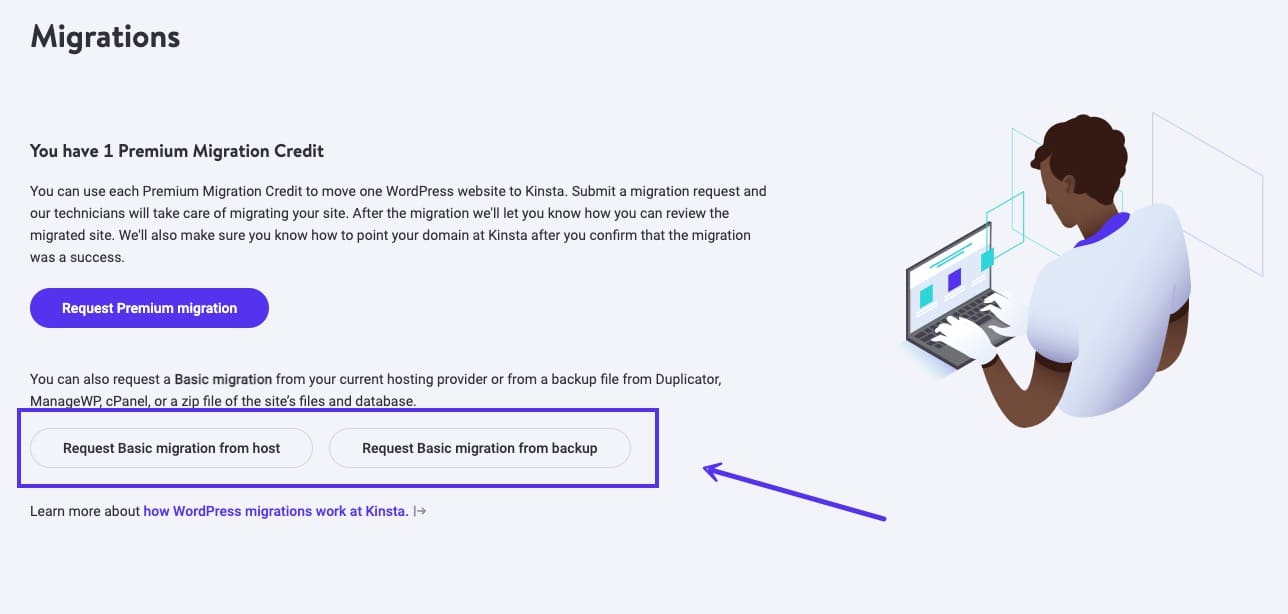Wählen Sie die Option, die Sie bevorzugen, um kostenlose WordPress-Migrationen in MyKinsta anzufordern