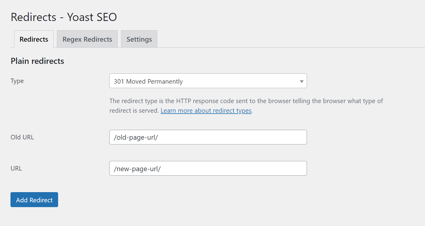 La pagina del plugin Yoast SEO Premium per impostare i reindirizzamenti di pagina.