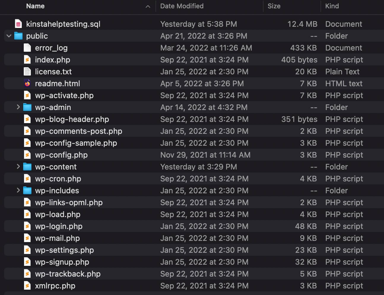Veja os arquivos no backup para download do seu site WordPress.