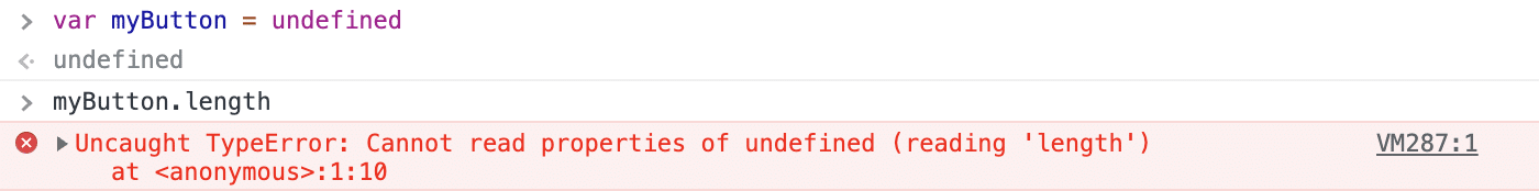 The error “Uncaught TypeError: Cannot read properties of undefined” shown on a red background beside a red cross icon with myButton.length call above it.