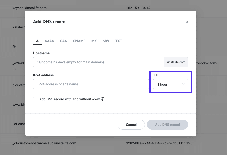 Adicione um registro DNS > TTL em MyKinsta