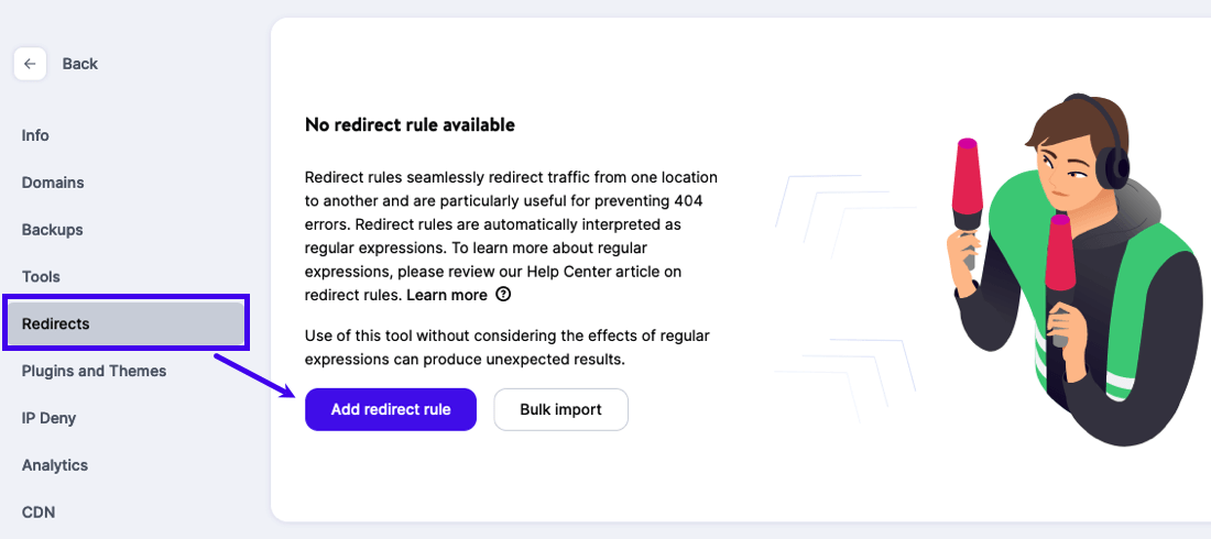 Add redirect rules in MyKinsta Add redirect rules in MyKinsta.