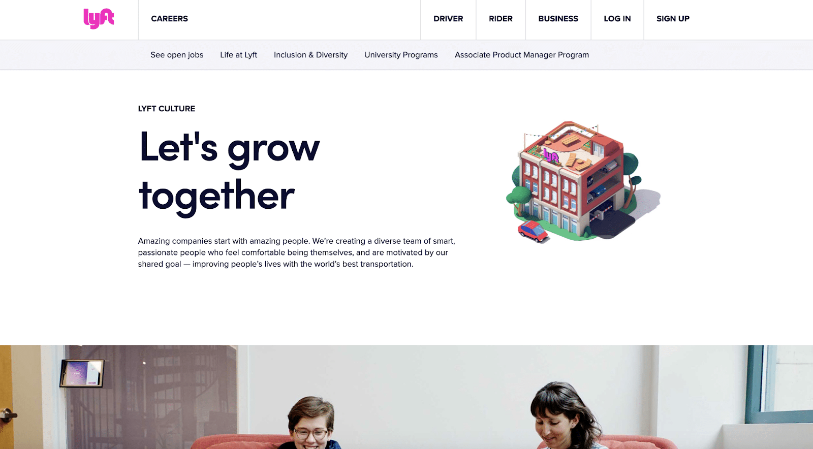 Lyft sfrutta i valori del lavoro di squadra e dell'unione nella sua pagina Chi Siamo.