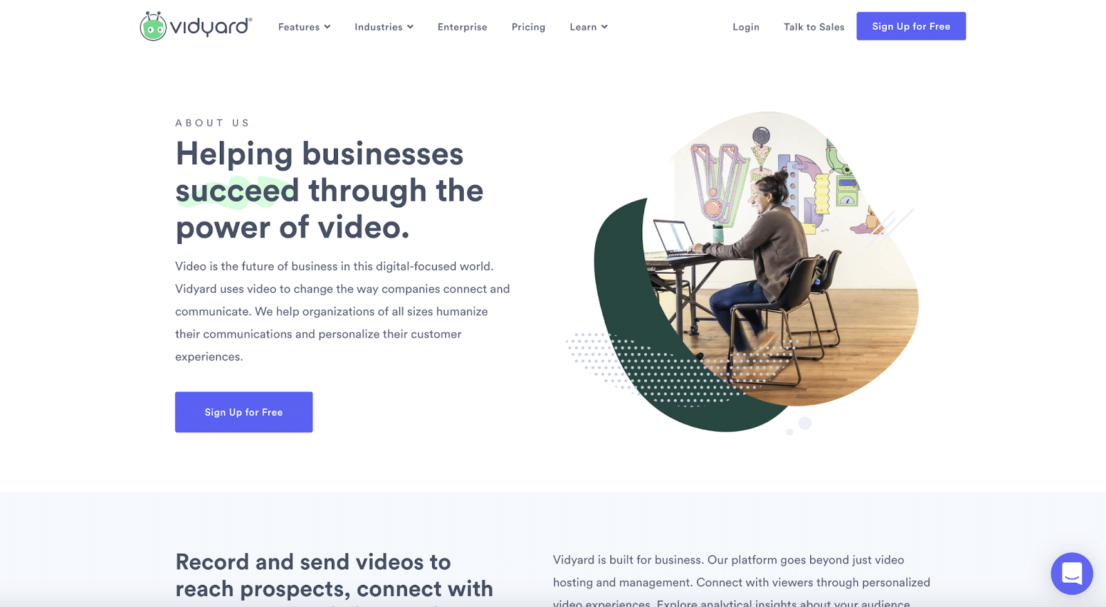 Vidyard usa la sua pagina Chi Siamo per evidenziare le funzioni principali del suo prodotto