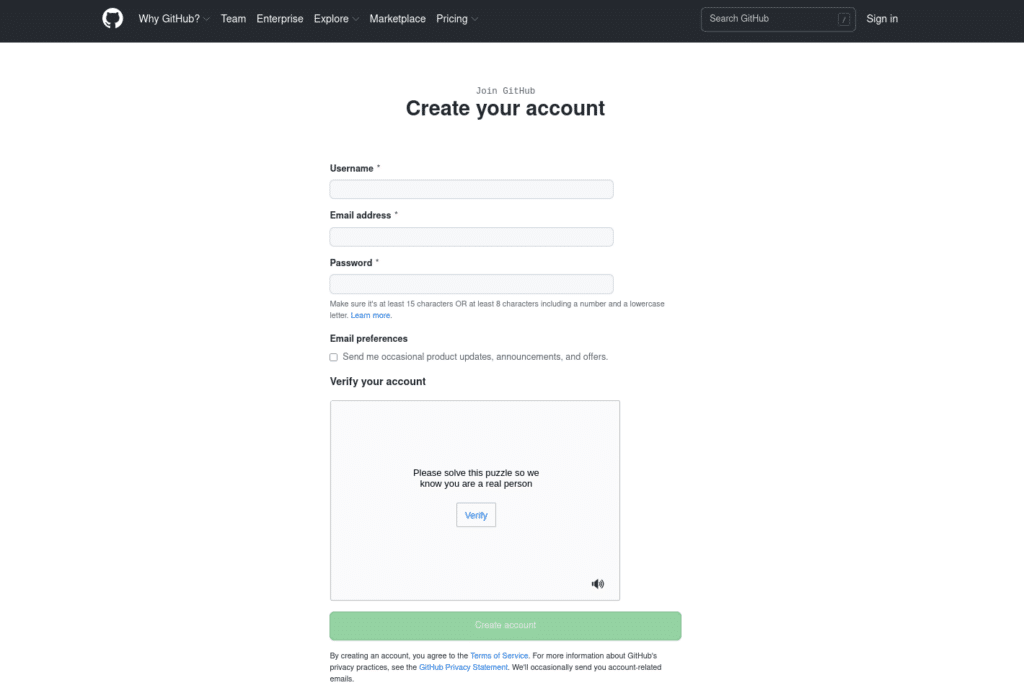 GitHub signup page with the words 