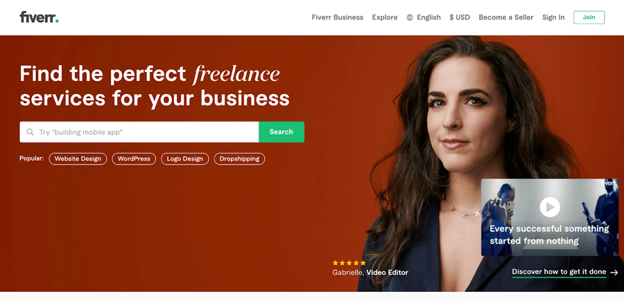 Página de inicio de Fiverr.