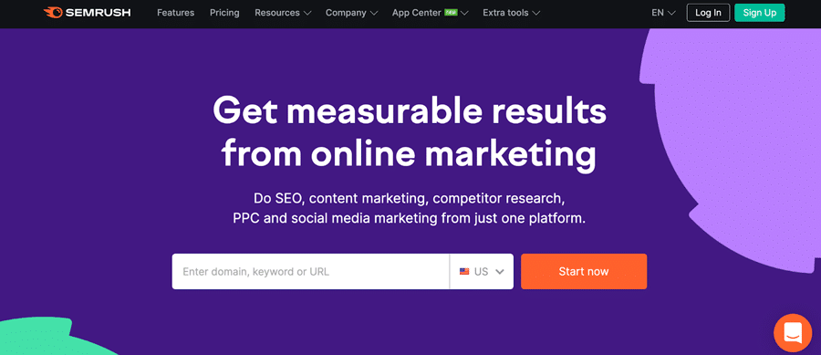 Página de inicio de Semrush