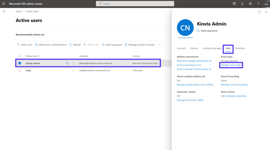 Como abrir as configurações de SMTP no centro de administração do Microsoft 365.