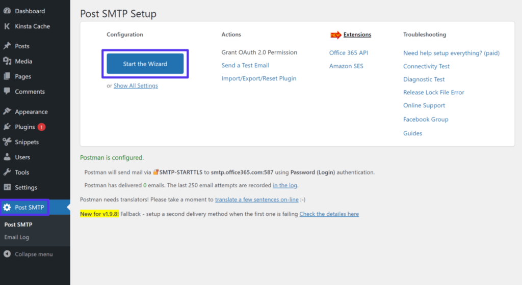 Como abrir o assistente de configuração Post SMTP.