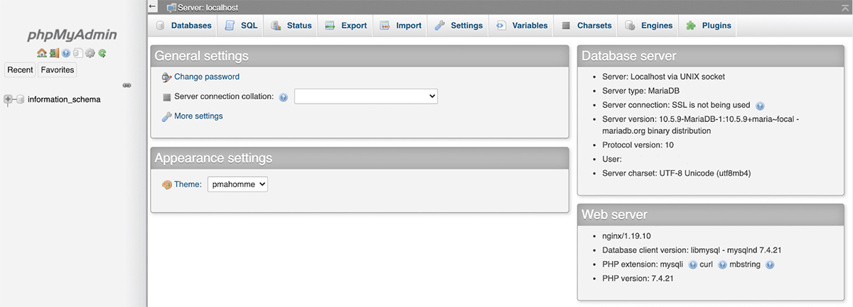 Exemplo do painel do phpMyAdmin.
