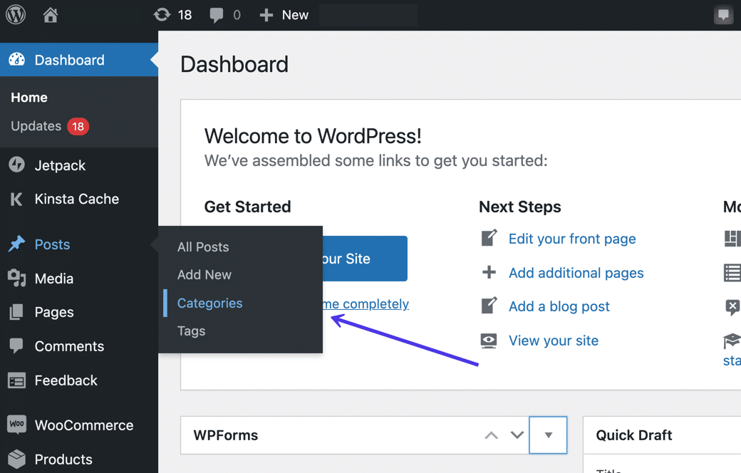 Il sottomenu Articoli nel pannello di amministrazione di WordPress, con una freccia viola che punta all'opzione del sottomenu