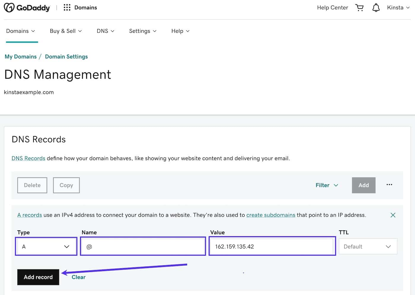 Añadir un nuevo registro A en la Administración de DNS de GoDaddy Añadir un nuevo registro A en la Administración de DNS de GoDaddy.