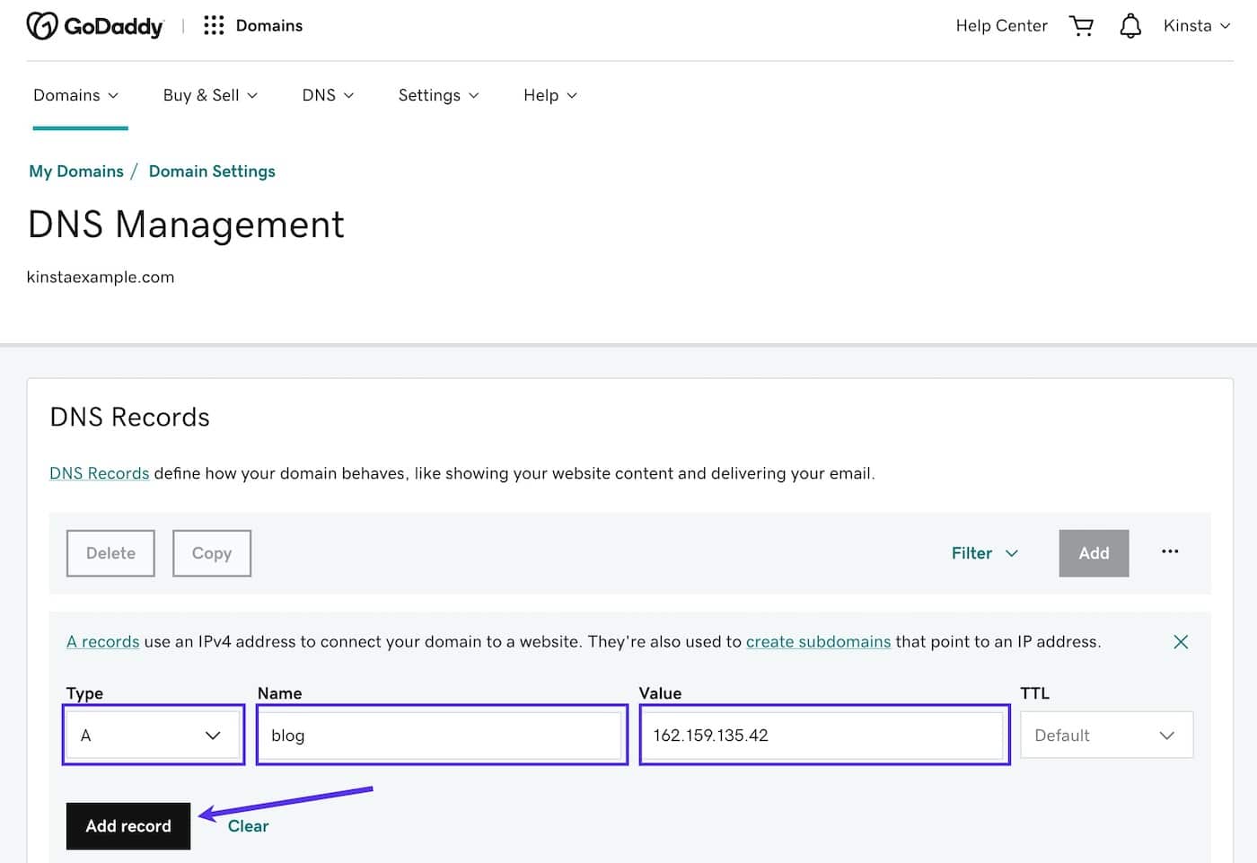 Añade un registro A para un subdominio en el DNS de GoDaddy Añade un registro A para un subdominio en el DNS de GoDaddy.