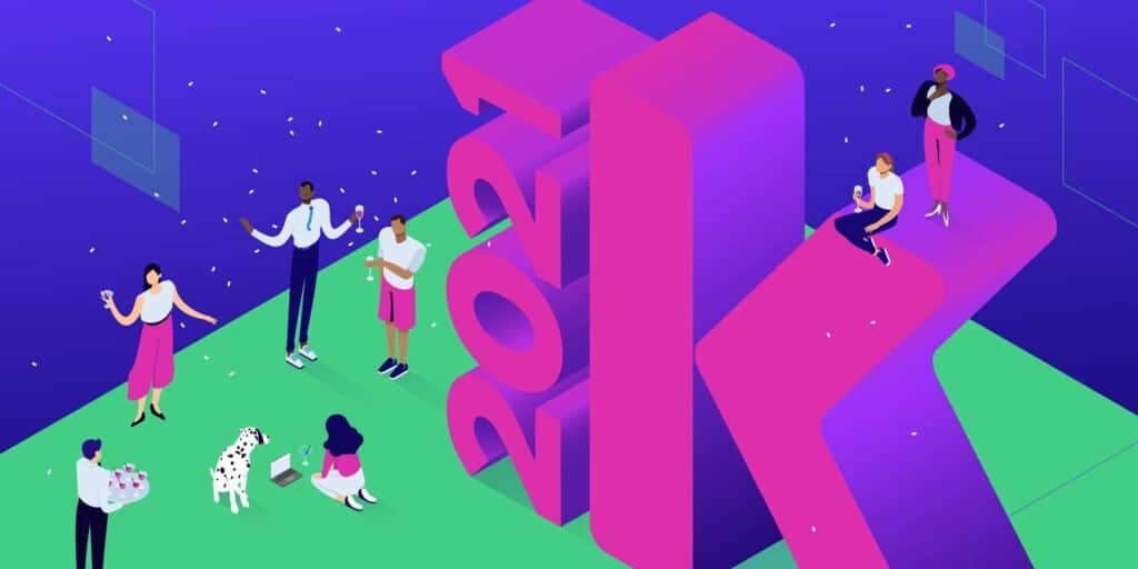 Illustration of human figures sitting and standing around a giant fuschia statue of a sideways "2021" beside an upright letter "K".