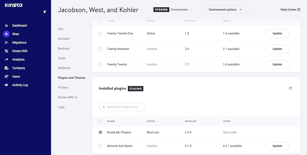 MyKinsta Dashboard The MyKinsta dashboard, showing a staging site's Plugins and Themes screen, with updates available.