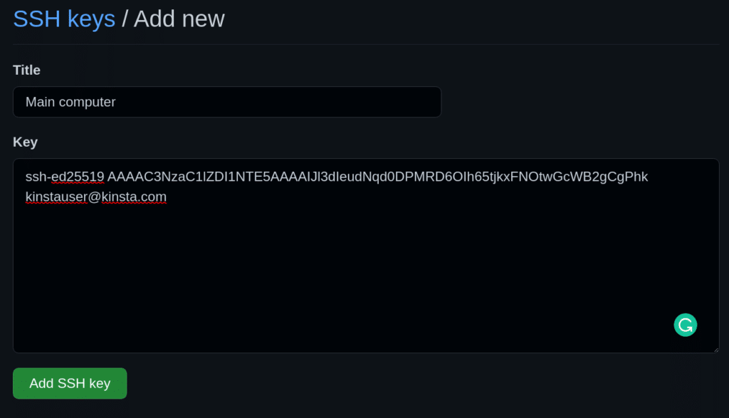 Add a new SSH key form with the fields 