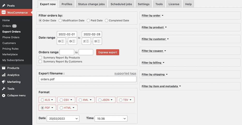 La bacheca di WordPress mostra le opzioni di