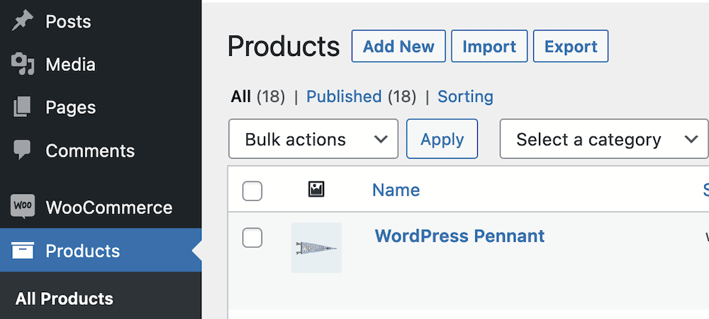 La schermata Prodotti di WordPress, che mostra i pulsanti