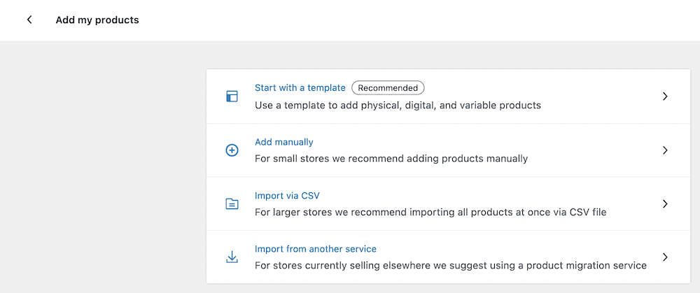 L’Onboarding Wizard di WooCommerce mostra 4 opzioni, tra cui un link