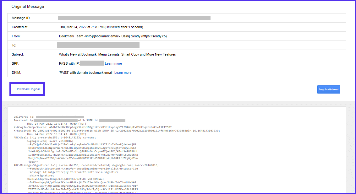 Una cabecera de correo electrónico en Gmail, mostrando un cuadro de enfoque alrededor de la opción 