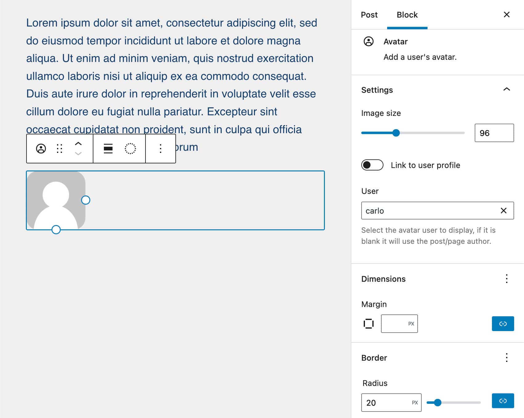 Het Avatar blok in WordPress 6.0.