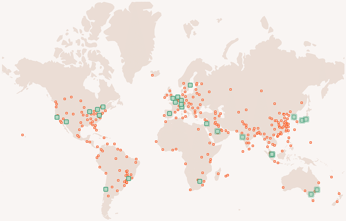 Les serveurs web et le réseau de diffusion de contenu de Kinsta sont hébergés dans des centres de données répartis dans le monde entier.