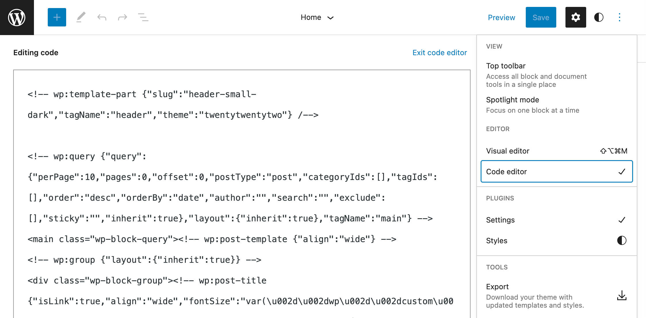 WordPress 6.0 voegt de Code Editor toe aan de Site Editor.