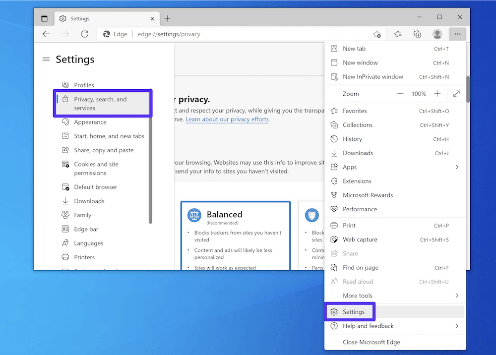 Der Edge-Browser zeigt den Menü-Link 