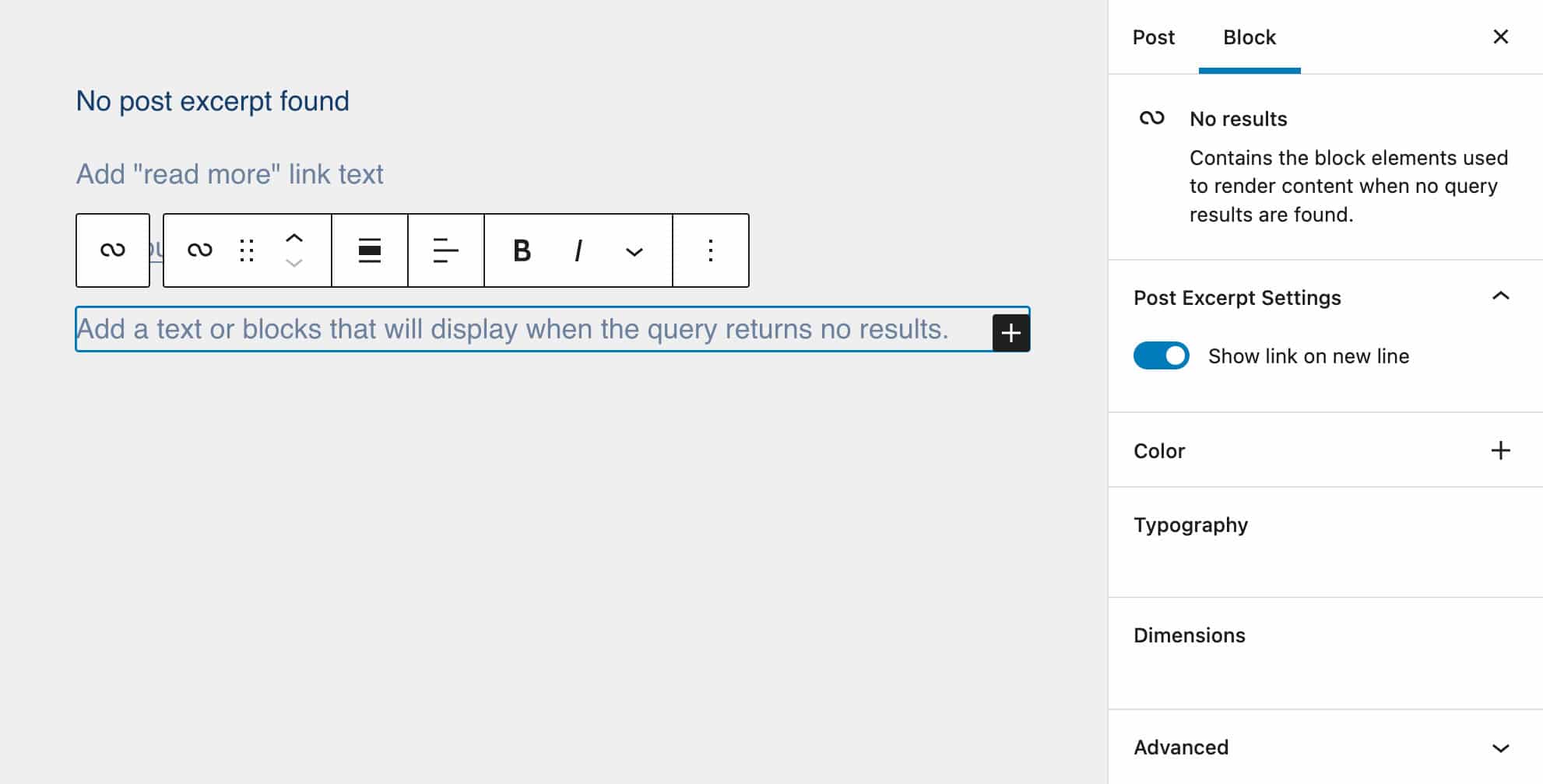 Het No Result blok toevoegen aan de Query Loop.