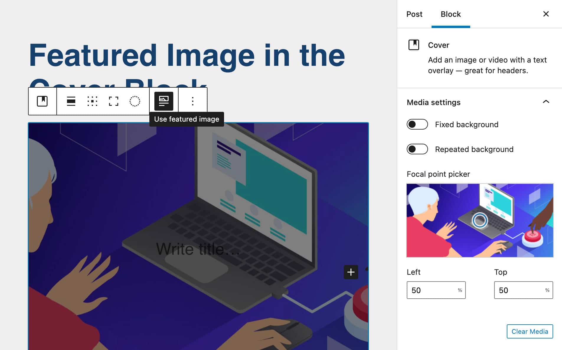 Featured image gebruiken met een Cover blok.